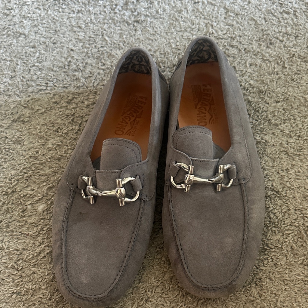 Salvatore Ferragamo Gray Suede Slip-On Loafers